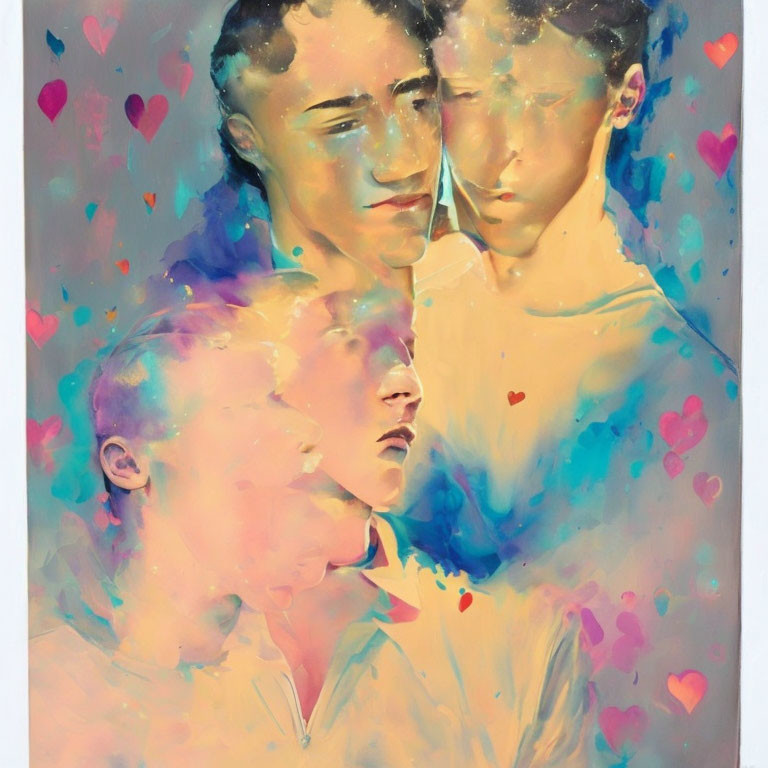 Vibrant painting of overlapping male faces with hearts on pastel backdrop