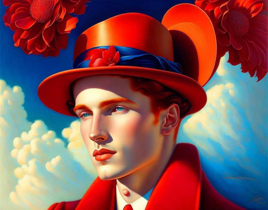 Portrait of person with fair skin & blue eyes in red hat & coat with flowers, set against blue