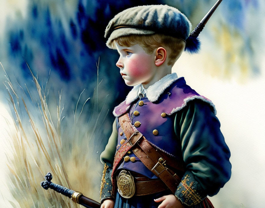 Portrait of young boy in vintage military attire with fur cap and sword