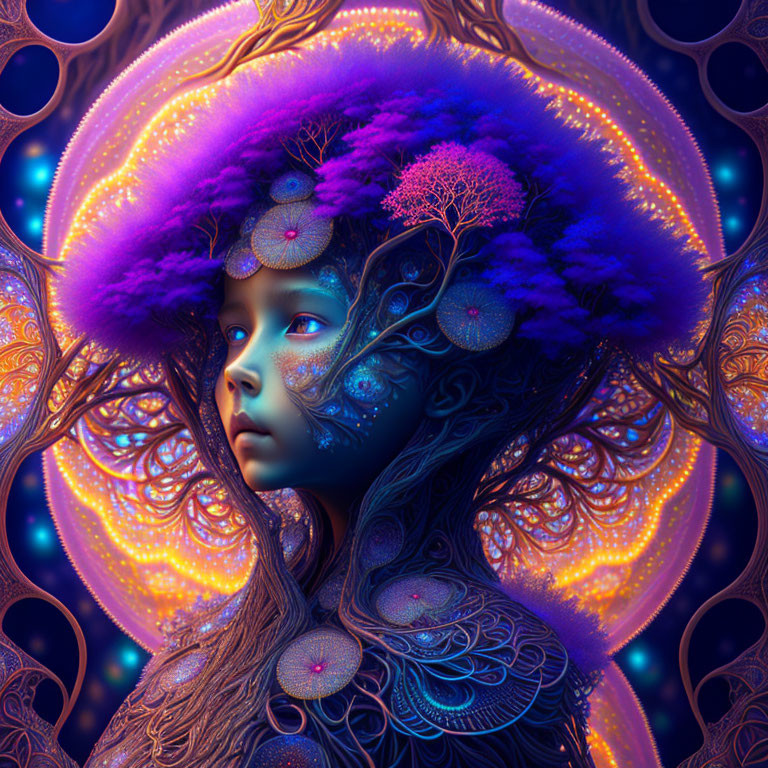 Surreal portrait of a girl with luminescent blue skin and glowing flora