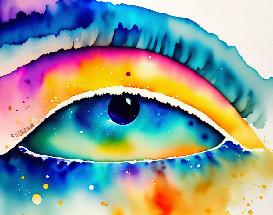 Colorful watercolor painting of human eye with rainbow iris and starry pattern