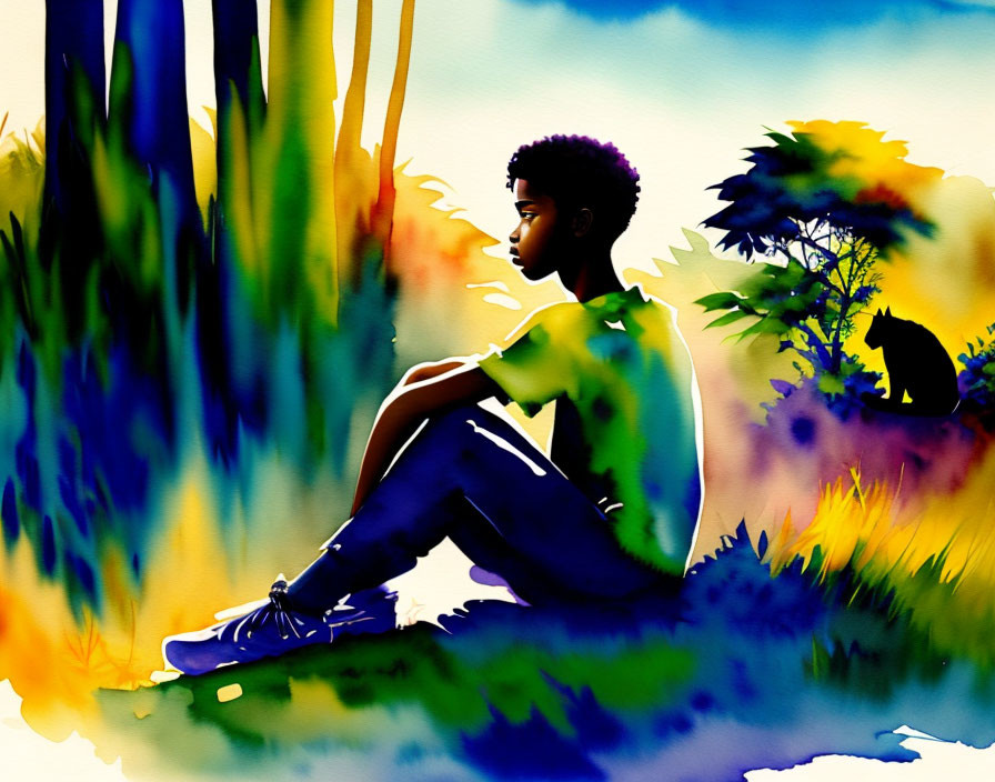 Colorful watercolor painting of person in contemplative pose with lion silhouette.