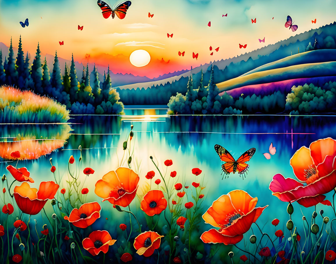 Colorful sunset lake scene with poppies, butterflies, forest, and mountains.