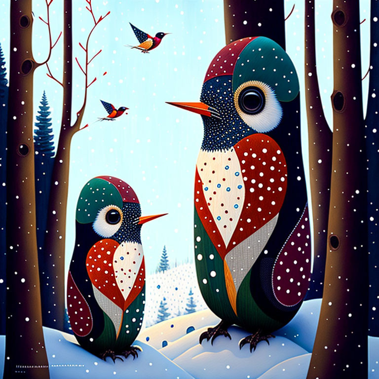 Colorful Stylized Owls in Snowy Woodland with Falling Snowflakes