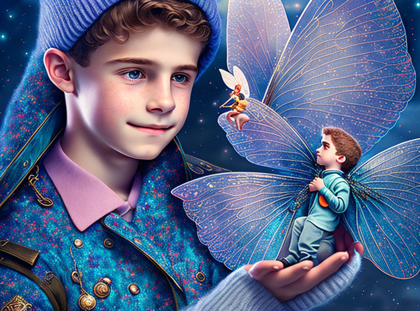 Young boy with blue hat gazes at tiny fairy, another version with wings whispered to.