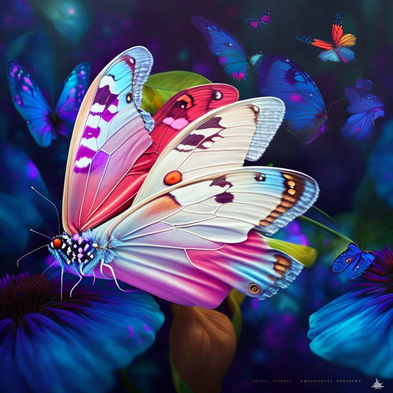 Colorful Digital Artwork: Large Butterfly and Flowers in Dark Floral Setting