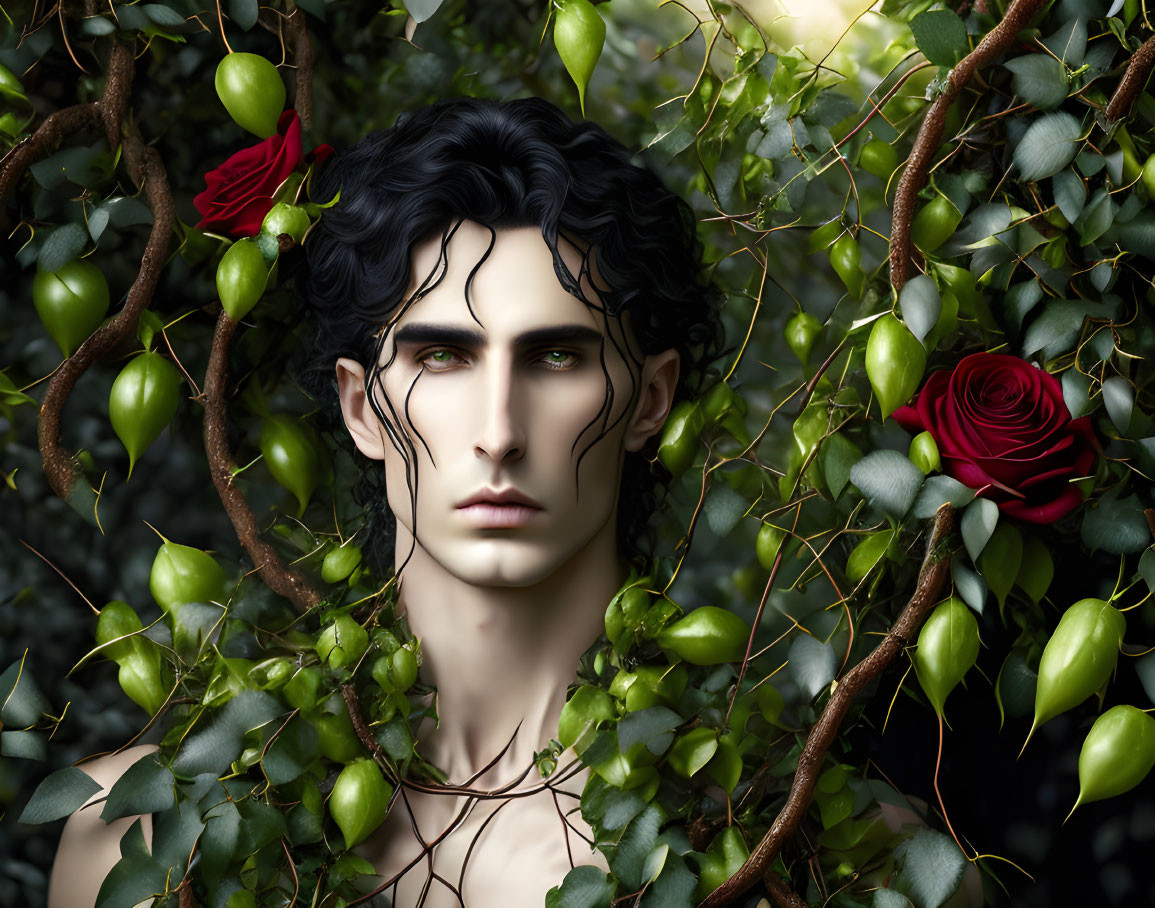 Man with Dark Hair and Pale Skin Surrounded by Green Vines and Red Roses in Digital Art