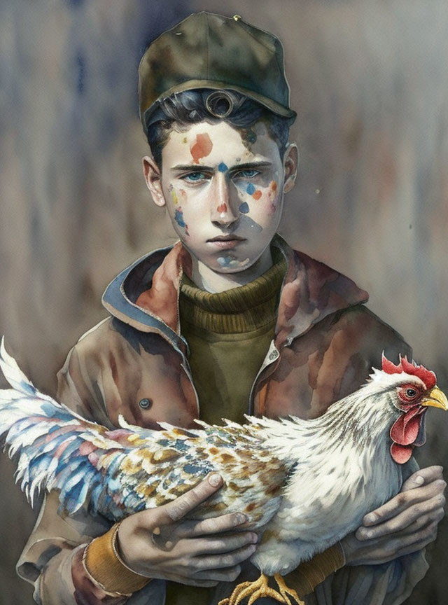 Boy in Cap Holding Hen with Paint Splatters on Face & Jacket