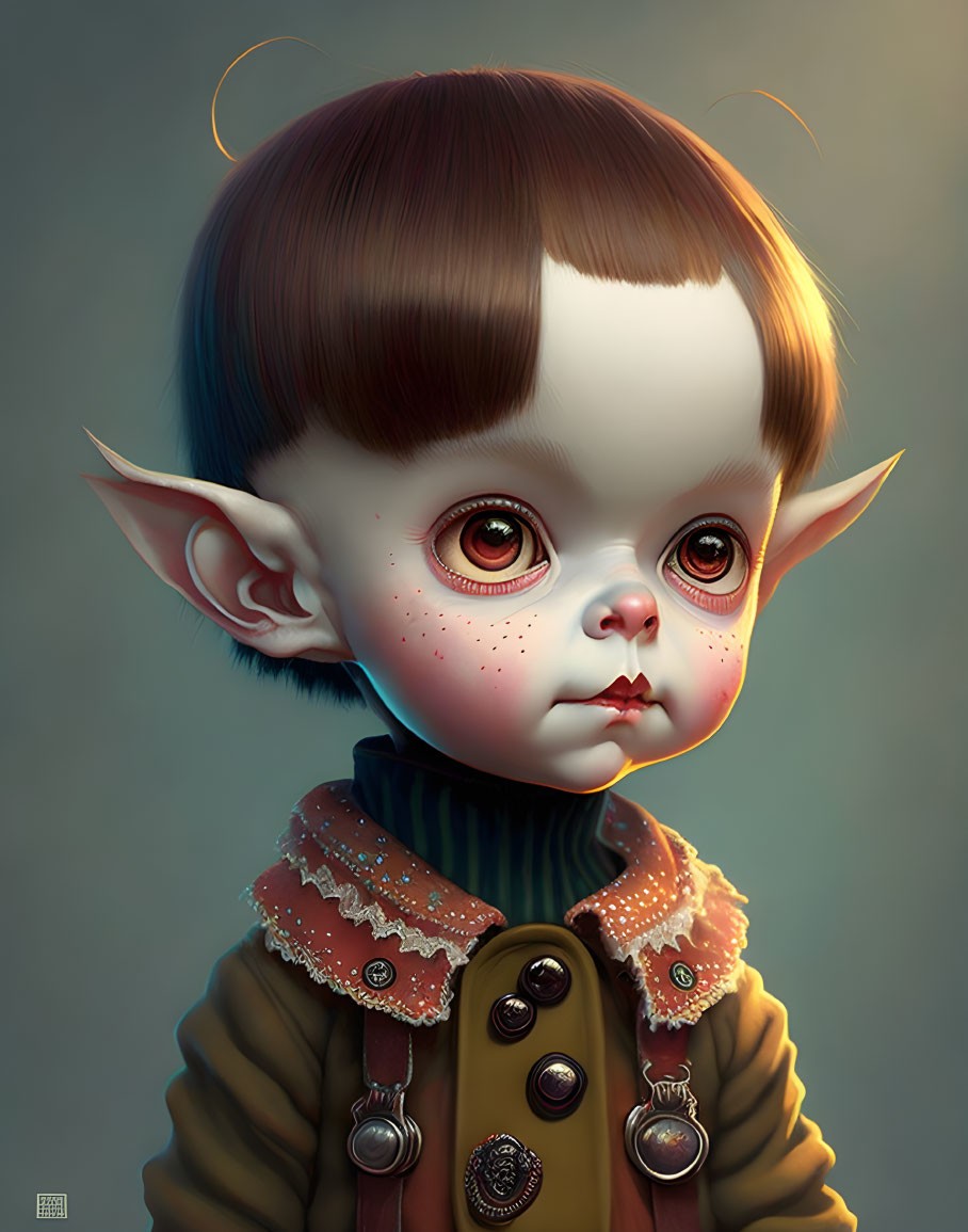 Child illustration with large eyes, pointed ears, and whimsical elfin traits