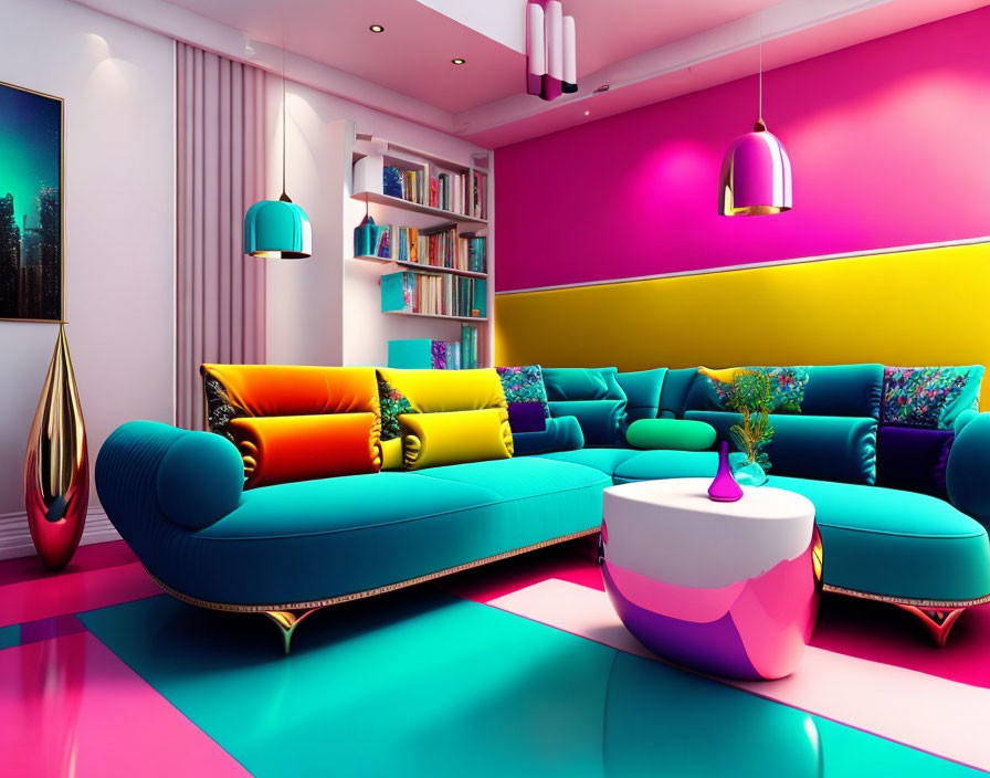 Colorful living room with multicolored sectional sofa and vibrant decor