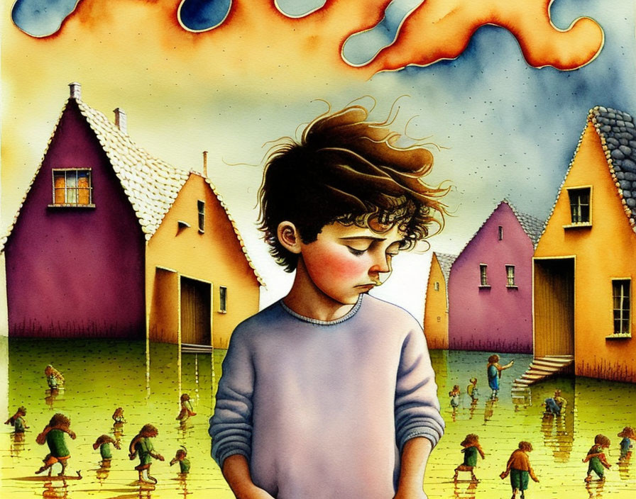 Melancholic boy with wind-blown hair in surreal village with figures carrying houses under whimsical sky