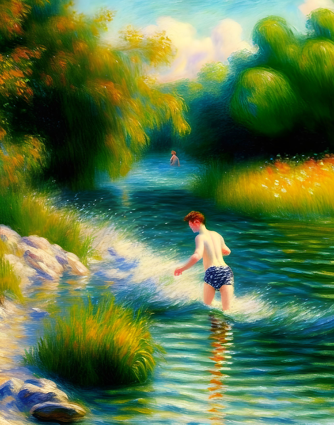 Colorful painting of young person in river with lush greenery & distant figure