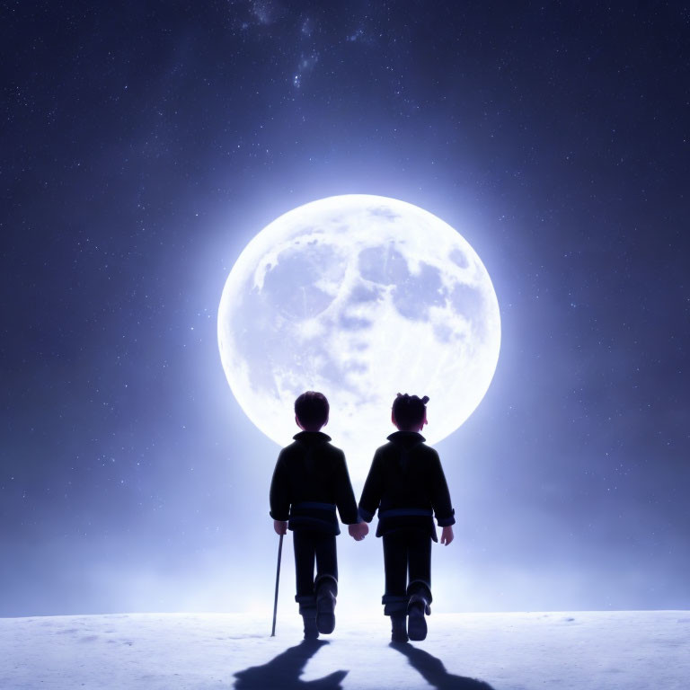 Silhouetted figures holding hands under large moon in starry night sky