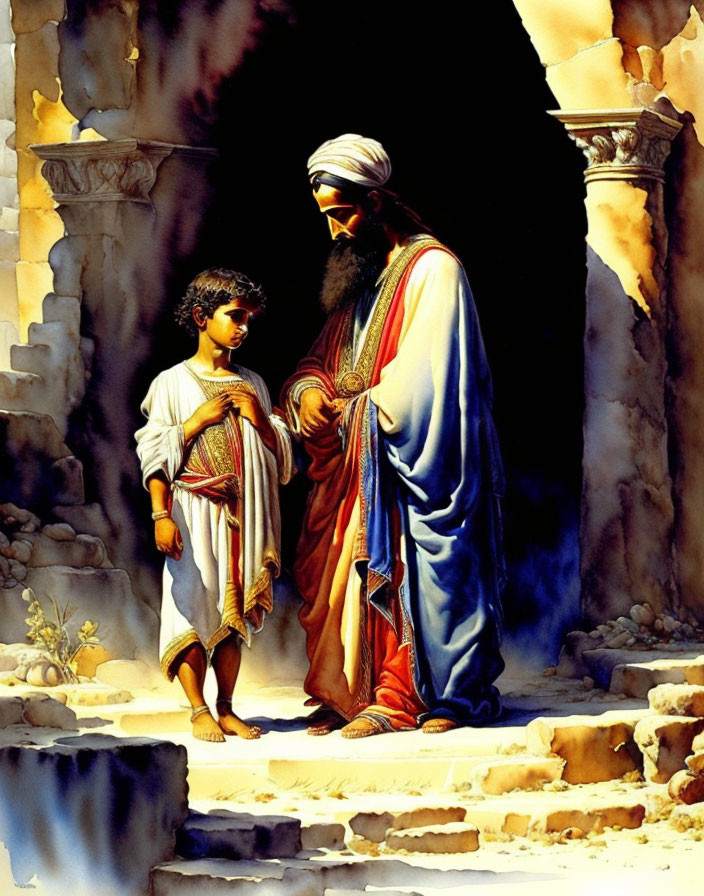 Ancient robes painting: Bearded man with boy in stone archway