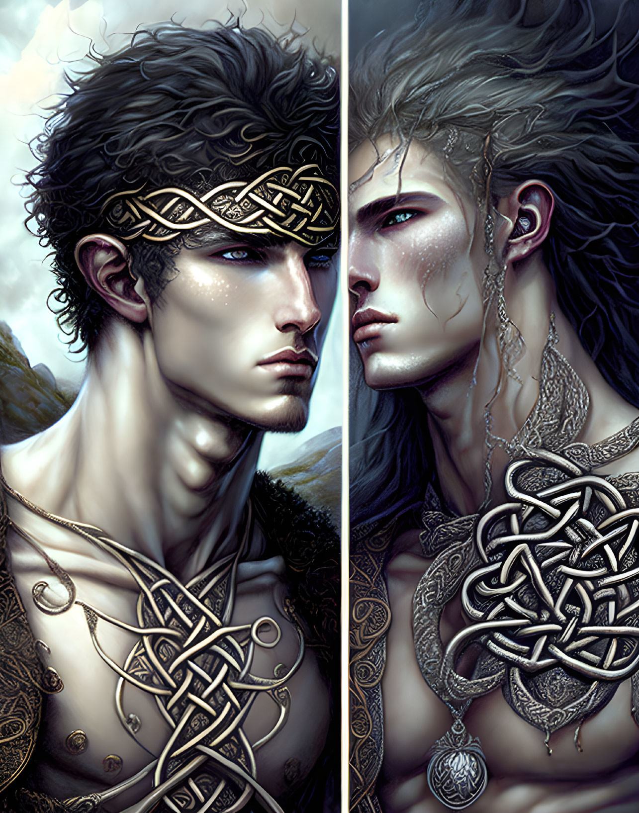 Fantasy male figures with Celtic jewelry in mystical setting