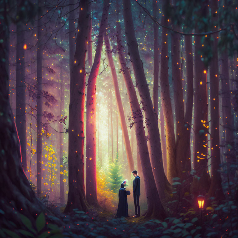 Enchanted forest scene with glowing lights and figures