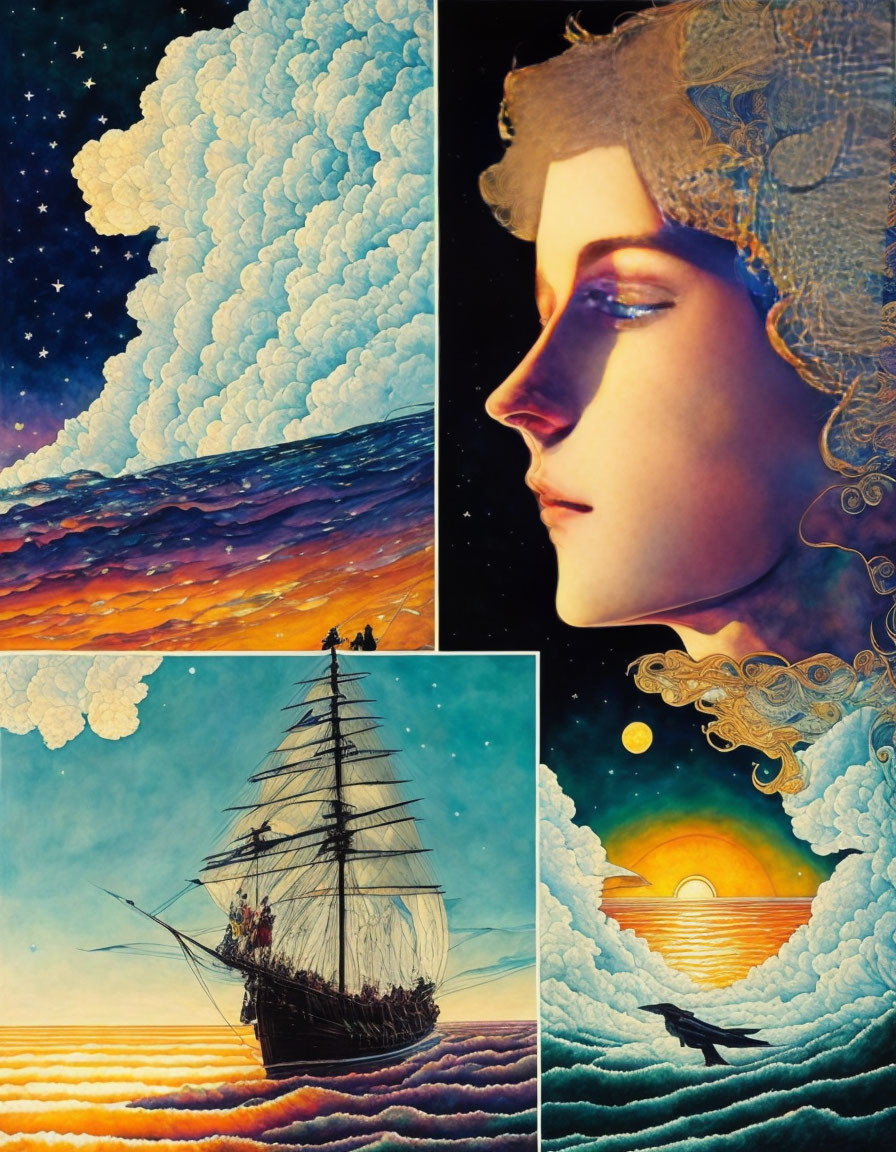 Surreal collage with woman's profile, cloud sailing ship, and sunset observers