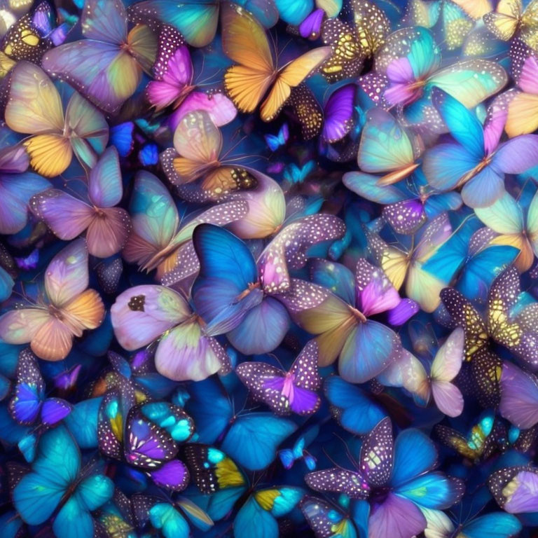 Vibrant multicolored butterfly cluster with blue, purple, and orange wings