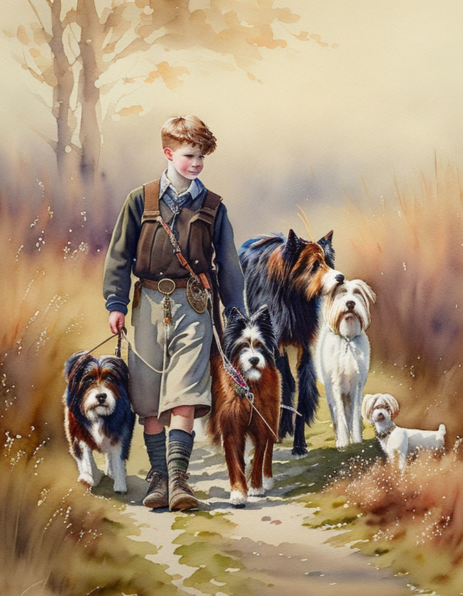 Young boy walks four dogs in serene autumn landscape