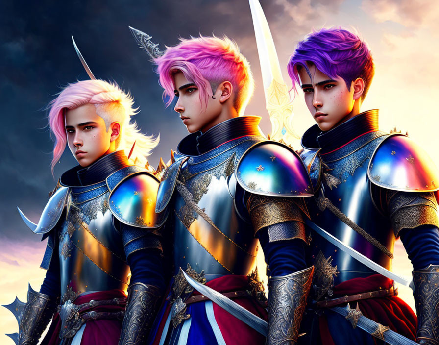 Three animated knights in stylized armor with vibrant purple hair, poised for battle under dramatic sky.