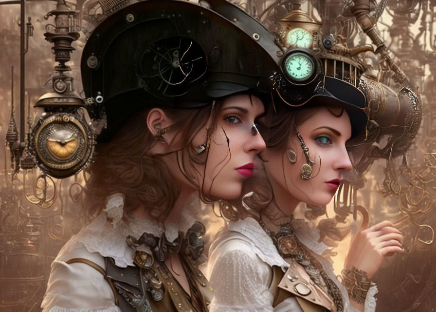 Three women in steampunk attire with cog and gear accessories on a mechanical backdrop