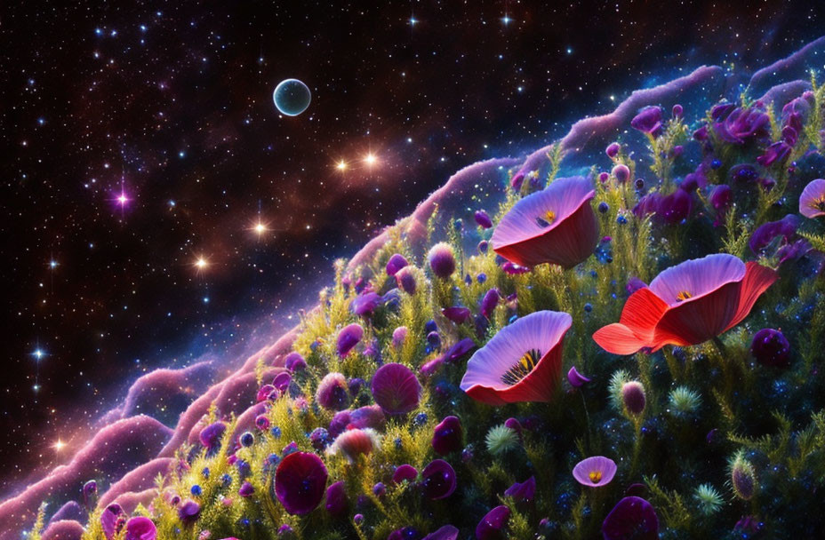 Vibrant red and purple flowers in surreal cosmic scene