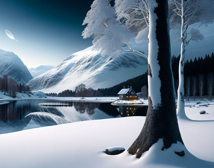 Snowy Dusk Scene: Cabin, Lake, Mountains, and Ring in Sky