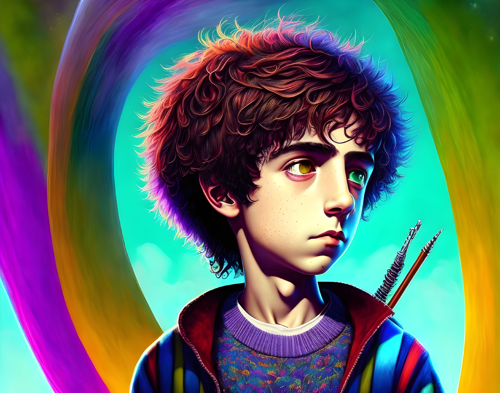 Colorful digital portrait of young person with curly hair and pencil in swirling background