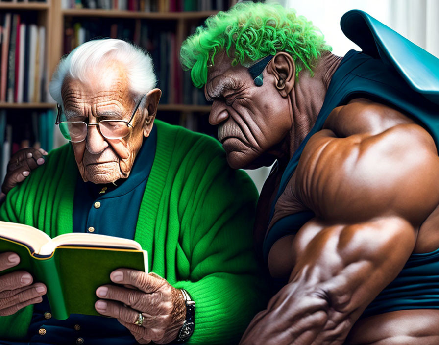 Elderly Man Reading Book Next to Muscular Figure with Green Hair