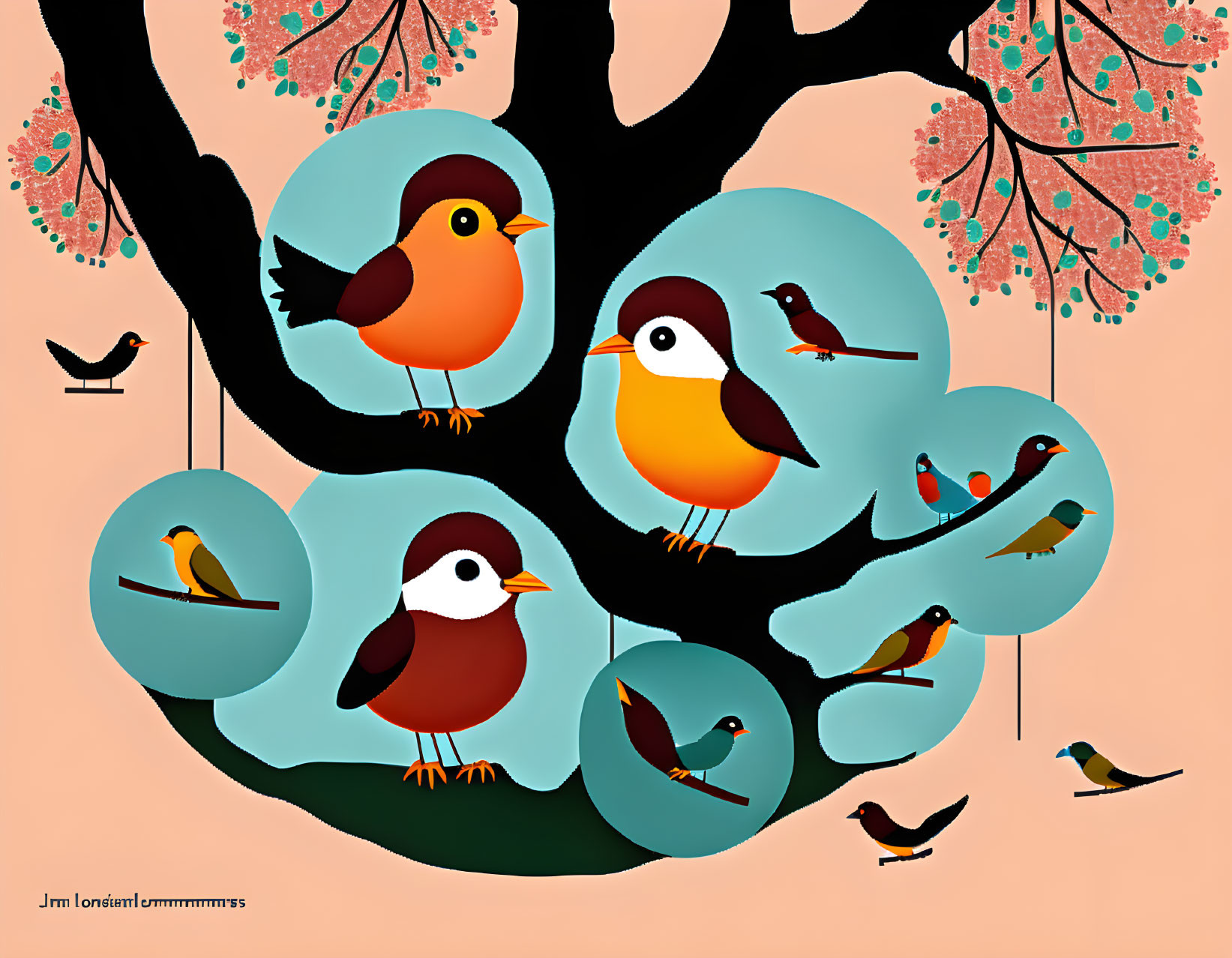 Colorful Birds Perched on Tree Branches with Whimsical Blue Leaves - Vibrant Illustration