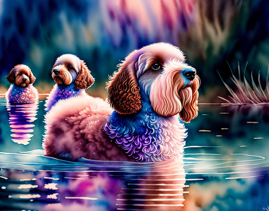 Colorful Stylized Dogs in Water with Dreamy Background