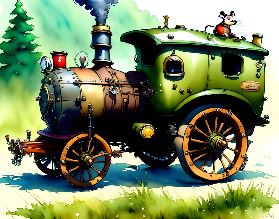 Vintage green locomotive with golden accents and fox illustration