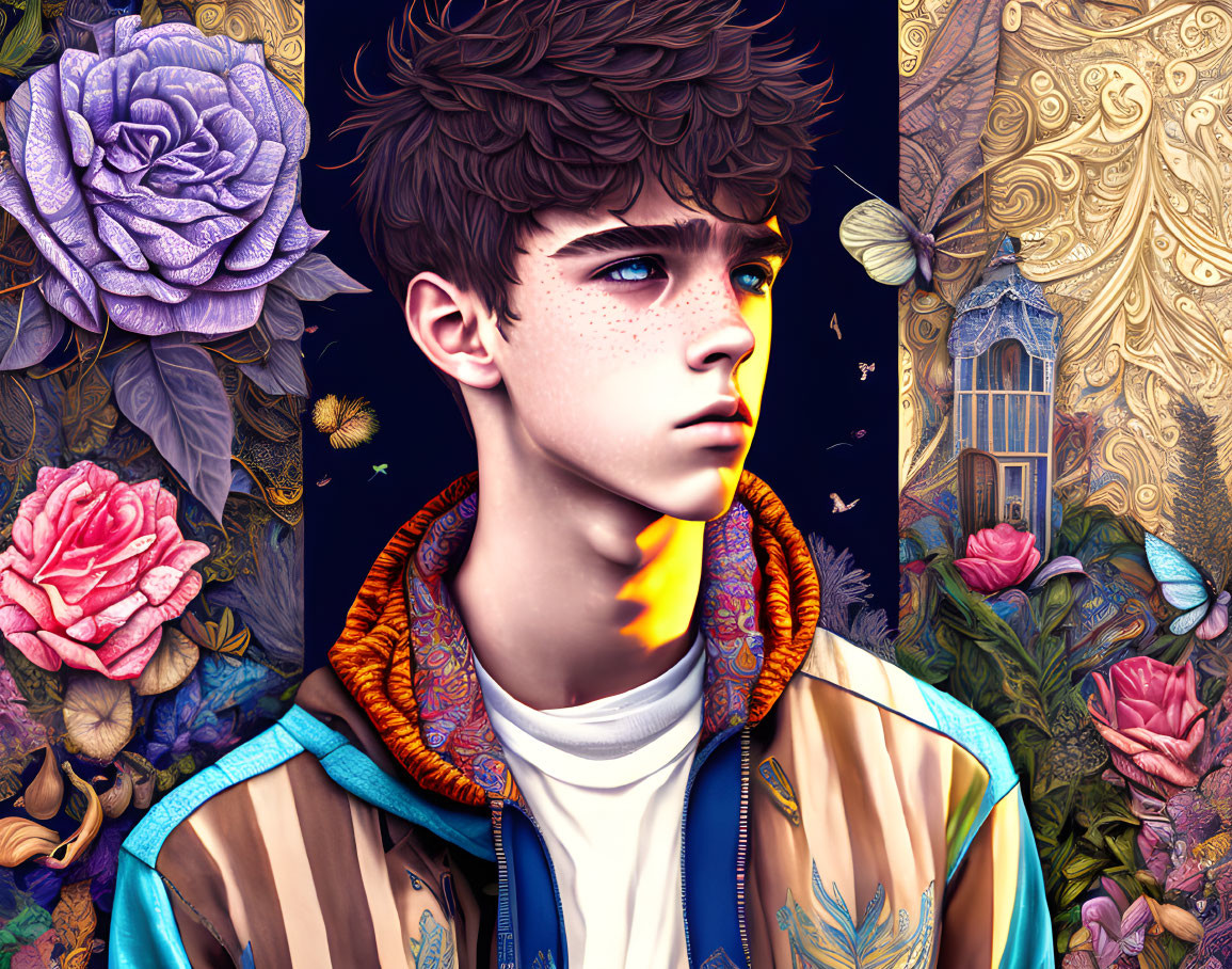 Detailed digital artwork: Young person with vibrant floral patterns and whimsical fantasy background.