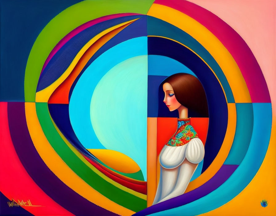 Surrealist painting: Woman with dark hair in vibrant geometric shapes