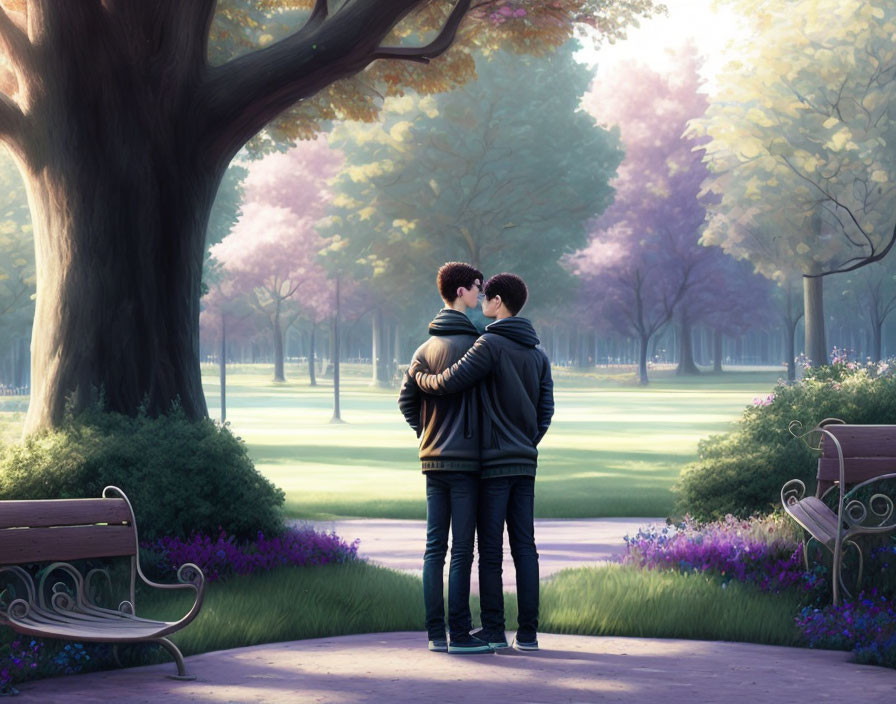 Couple embracing in tranquil park with blooming trees and sunlight.