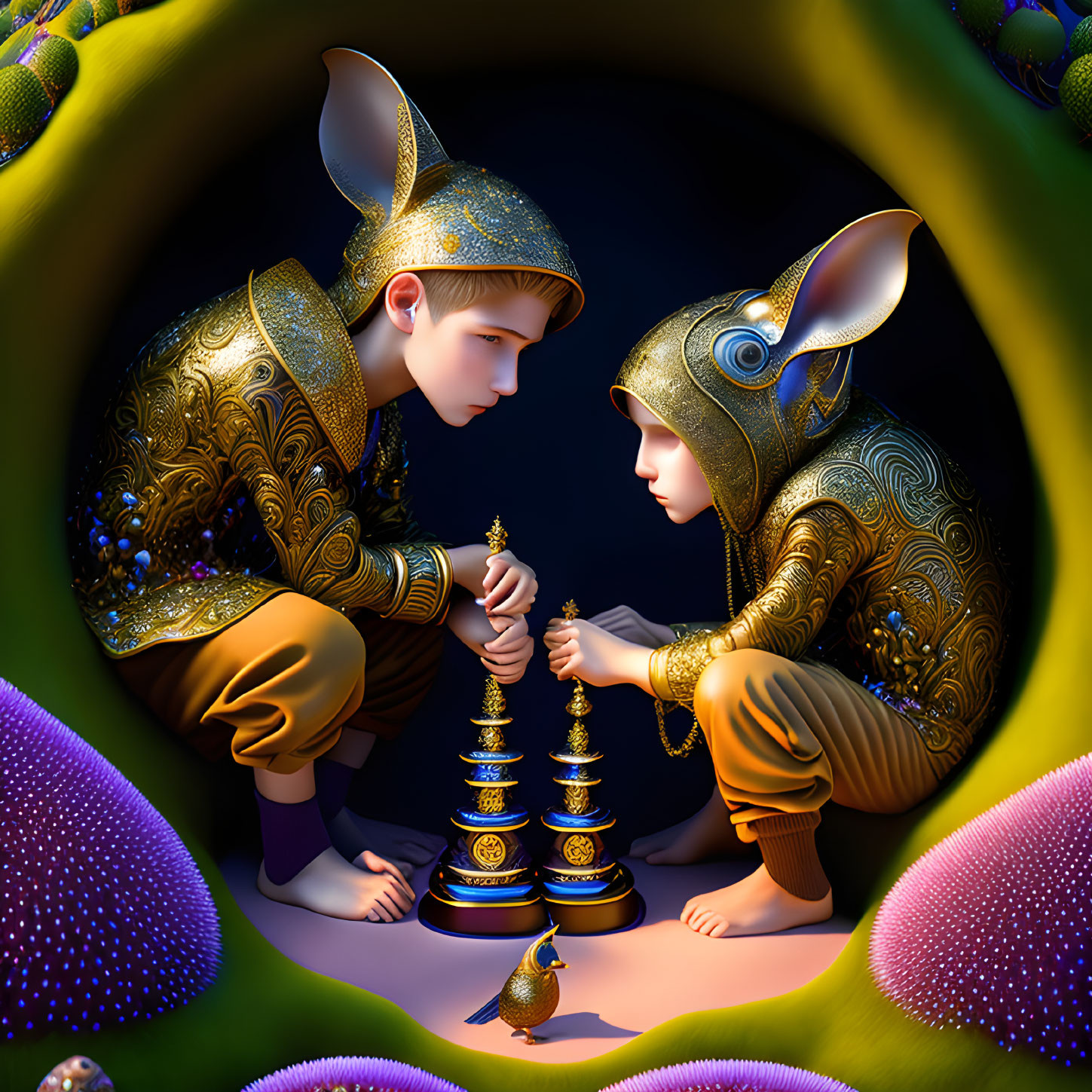 Fantastical Mouse Characters Playing Chess in Colorful Setting