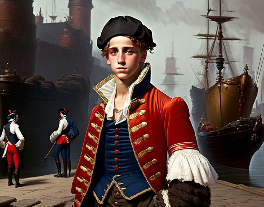 Young man in historical naval attire at harbor with sailing ships