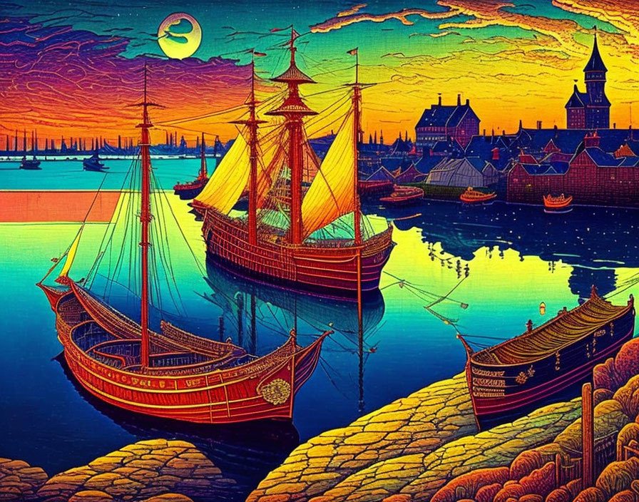 Detailed ships in sunset port with crescent moon