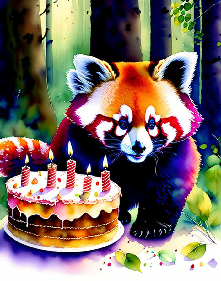 Colorful Red Panda Birthday Cake Illustration