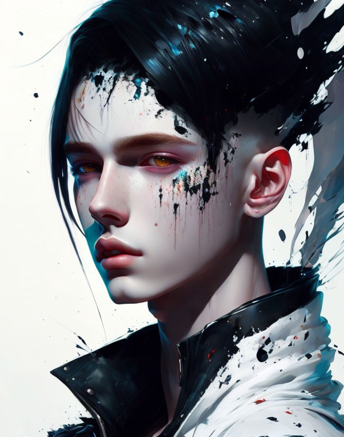 Digital artwork: Person with black hair, pale skin, splattered with black paint and colorful specks