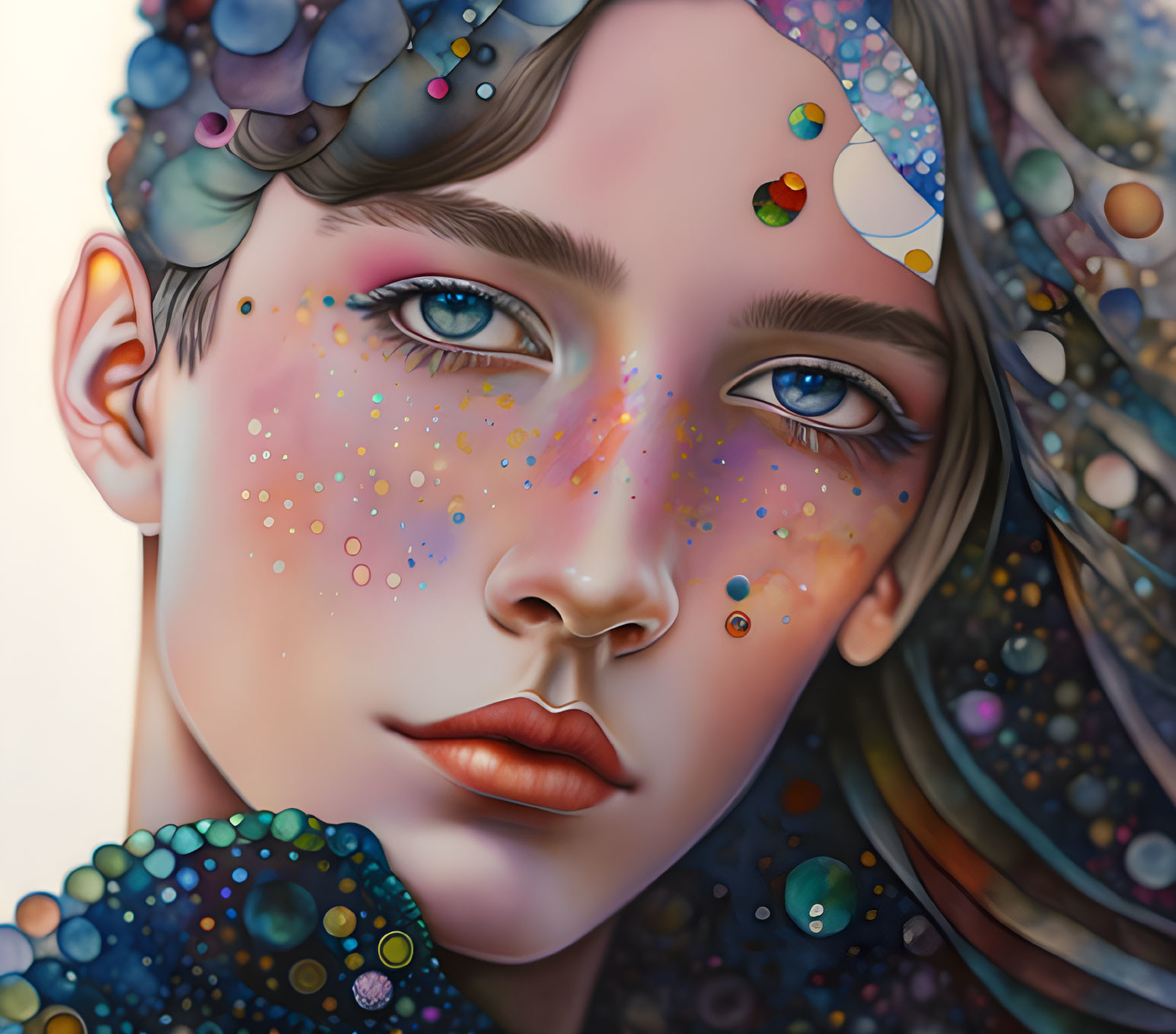 Hyperrealistic portrait of a person with colorful dotted skin, blue eyes, and intricate hair pattern