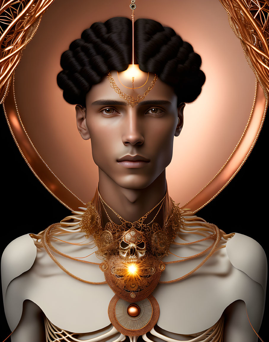 Stylized person with gold jewelry on dark background