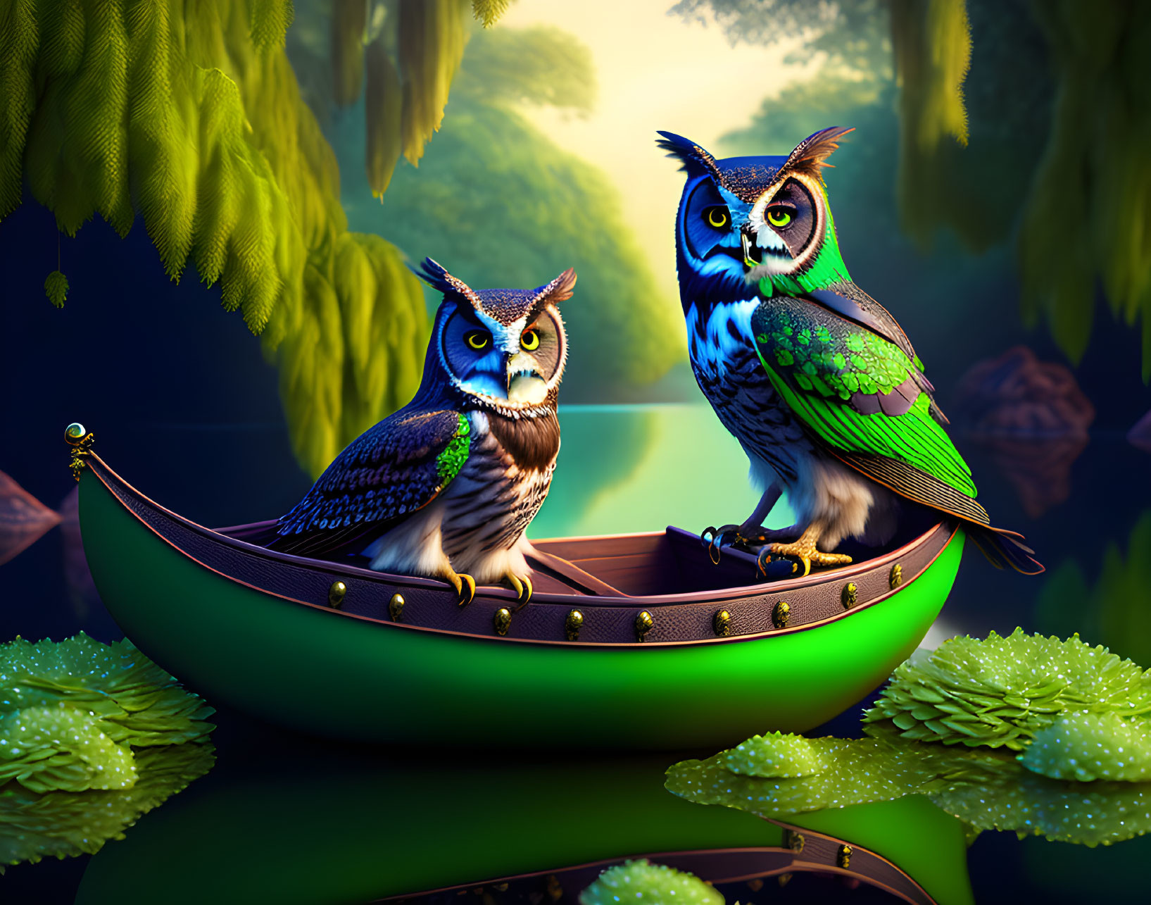 Colorful Stylized Owls in Boat with Twilight Background