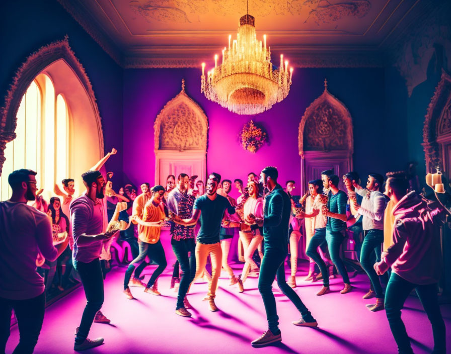 Vibrant lighting illuminates a lively dance party in an ornate room