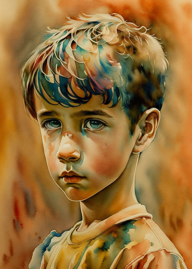 Young boy in watercolor with colorful hair highlights on warm abstract background