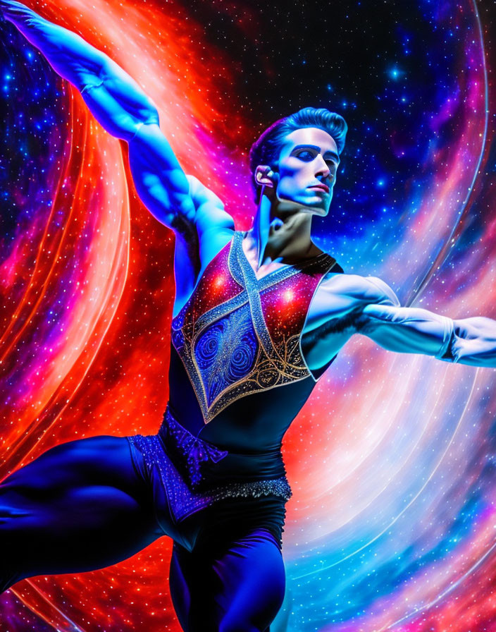 Male Dancer in Cosmic-Themed Outfit Poses Against Vibrant Galaxy Backdrop