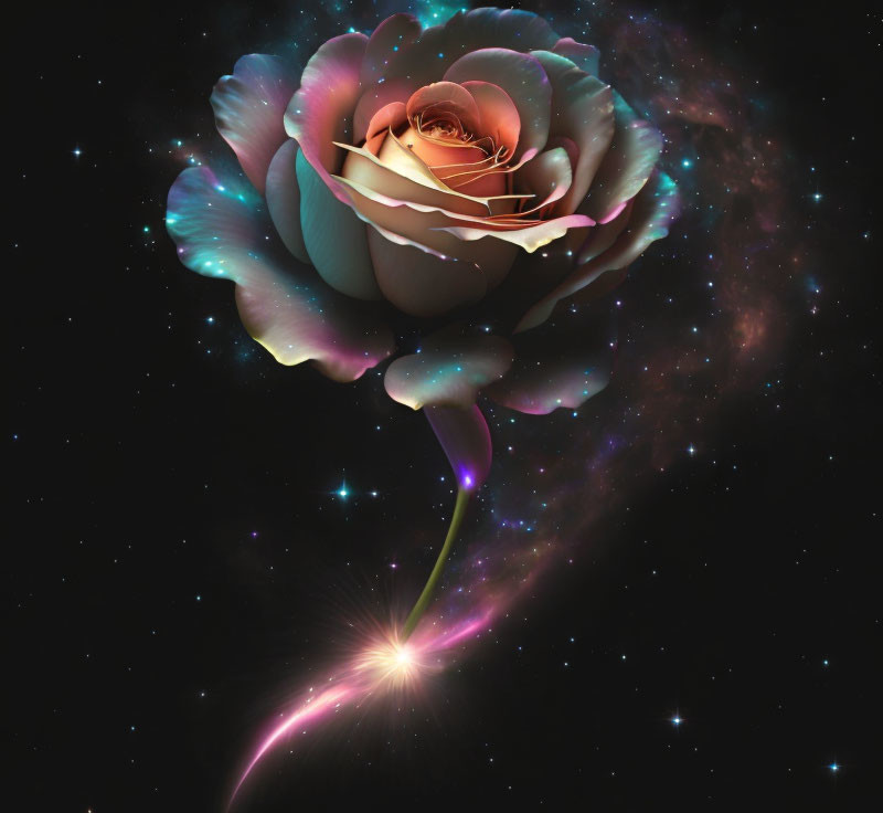 Vibrant cosmic rose with bright streak on digital background