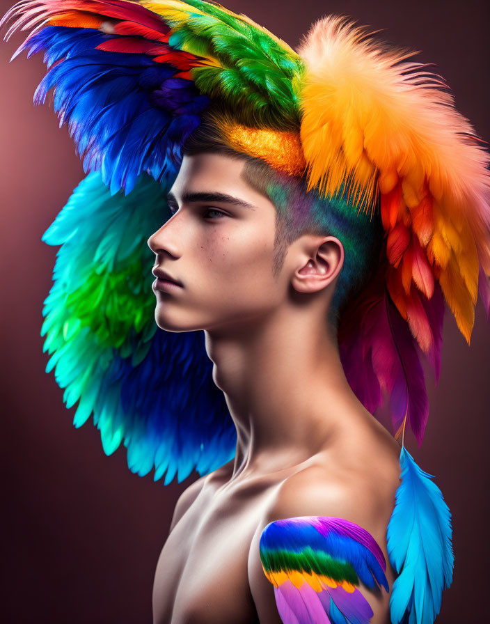 Profile View of Person with Colorful Feathered Headdress in Blue, Green, Red, and Yellow