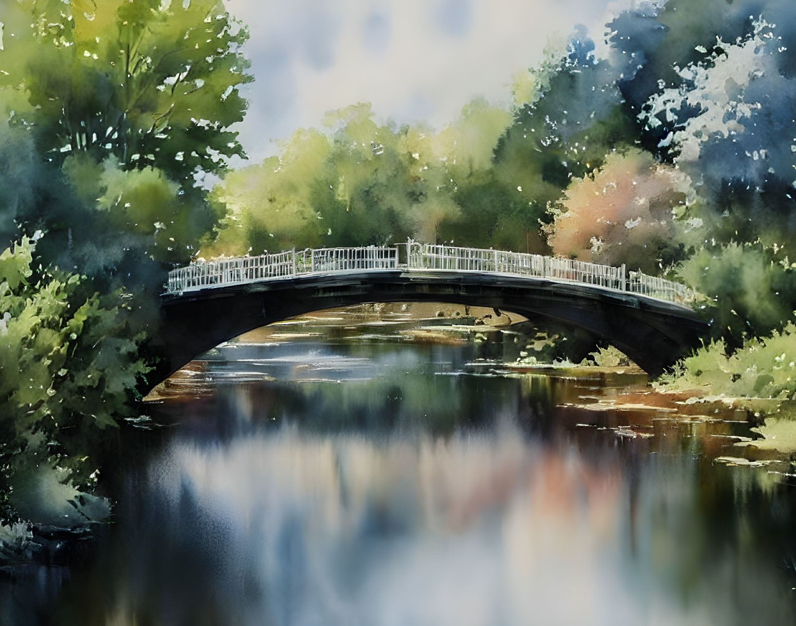 Tranquil watercolor painting of arched bridge over reflective river