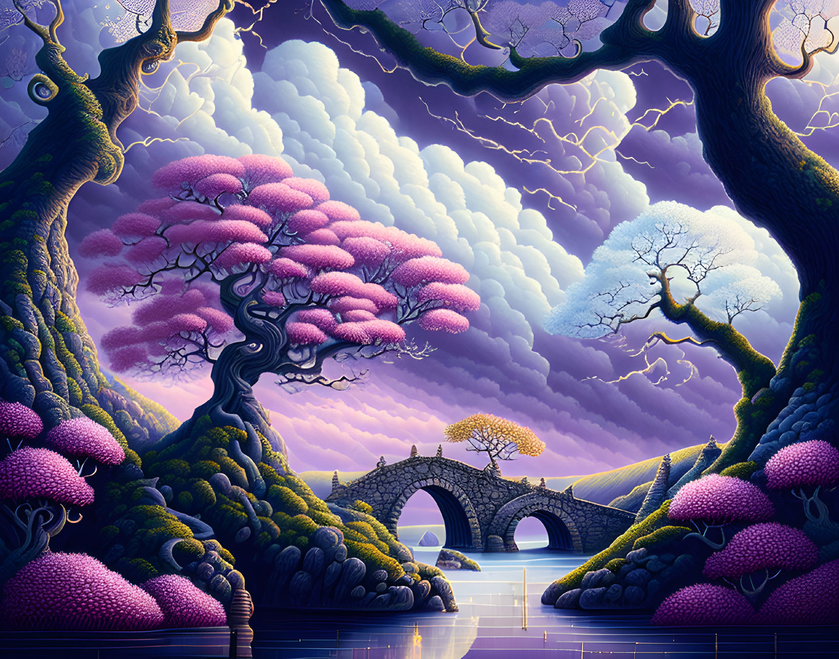 Vibrant purple foliage, stone bridge, lilac sky with lightning